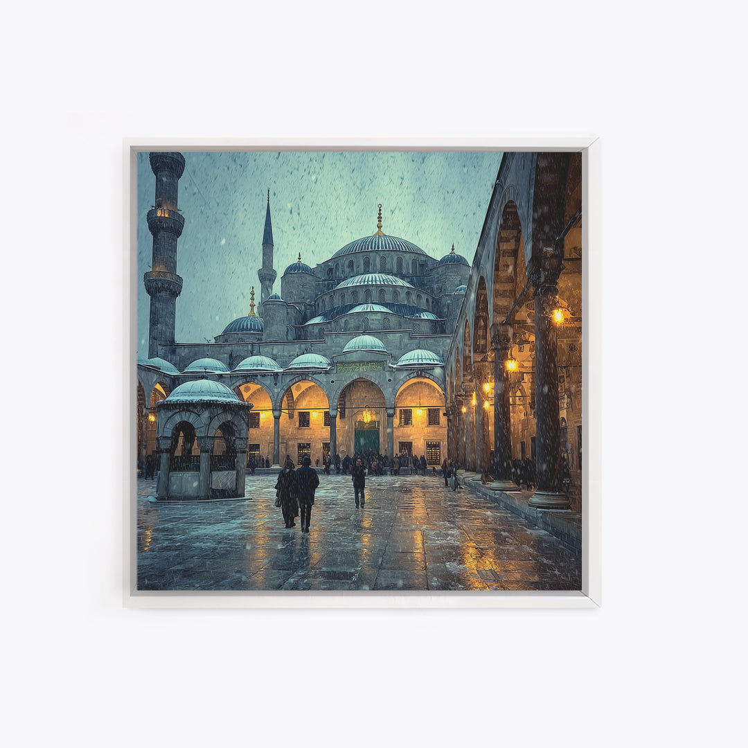 Snowy Blue Mosque Courtyard Canvas Print, Islamic Architecture Wall Art, Istanbul Travel Poster, Spiritual Decor, Home Decor