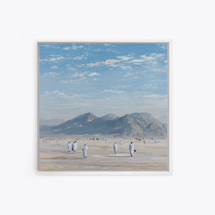 Pilgrims Walking Toward Desert Mountains Wall Art, Minimalist Landscape Canvas Print, Islamic Travel Decor, Calm Neutral
