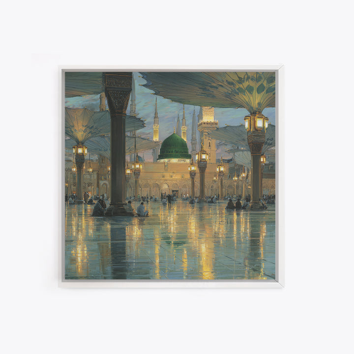 Green Dome Mosque Courtyard With Lantern Reflections Framed Canvas Print, Islamic Wall Art, Medina Decor, Spiritual Gift