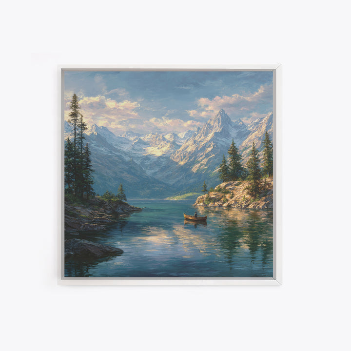 Alpine Lake And Snowy Mountains Framed Canvas Print, Scenic Landscape Art, Cabin Wall Decor, Nature Gift For Living Room