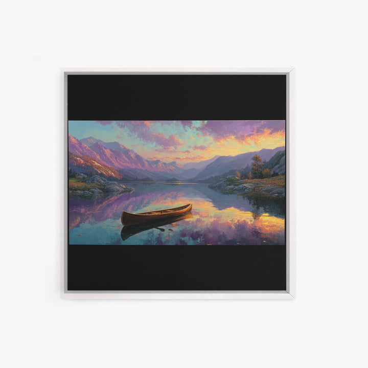 Canoe On Serene Mountain Lake Canvas Print, Sunset Landscape Wall Art, Rustic Cabin Decor For Living Room And Bedroom Decor