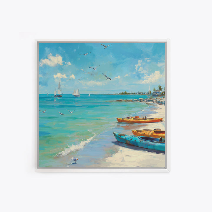 Turquoise Beach Boats And Seagulls Canvas Print, Coastal Wall Art, Ocean Seascape Decor For Beach House Living Room Decor