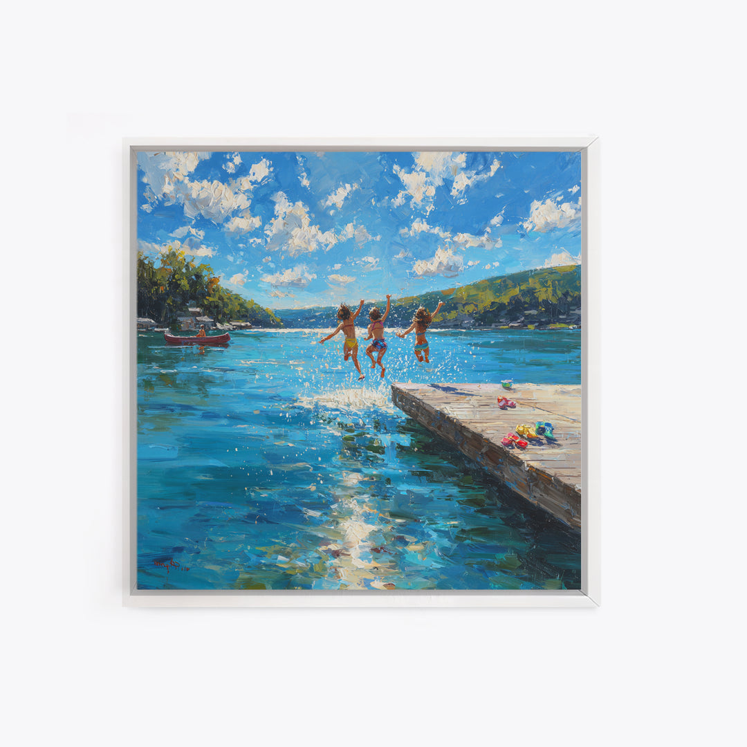 Kids Jumping Off A Sunny Lake Dock Wall Art, Summer Landscape Canvas Print, Lake House Decor, Playroom Art Gift For Coastal Home