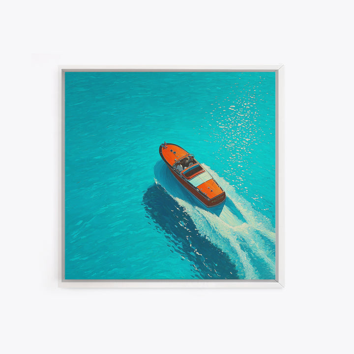 Turquoise Speedboat On Open Water Canvas Print, Coastal Wall Art, Nautical Travel Decor, Modern Beach House Art Gift For Her