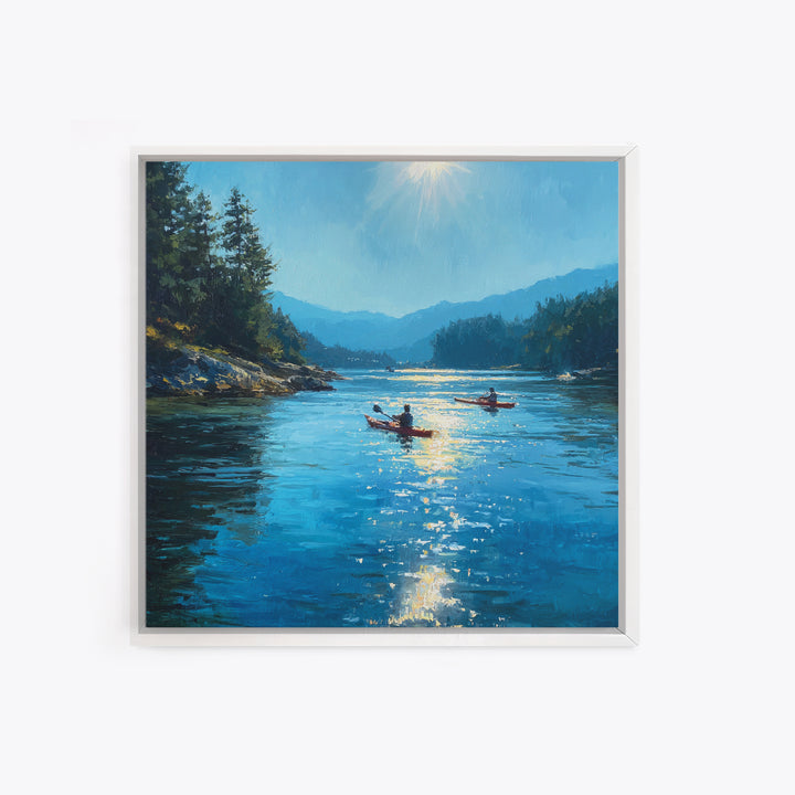 Sunlit Kayakers On Blue Mountain Lake Wall Art, Coastal Landscape Canvas Print, Nature Wall Decor For Living Room Home Decor Gift