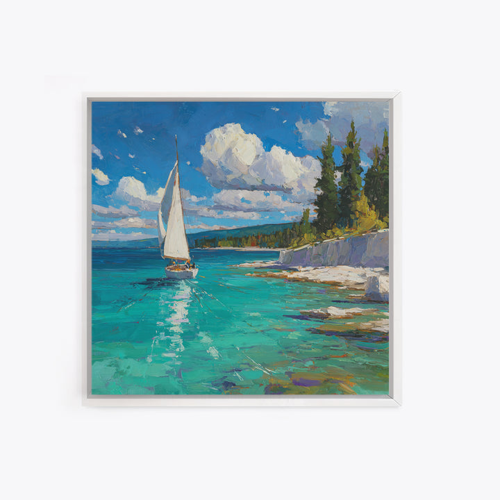 White Sailboat On Turquoise Lake Wall Art, Coastal Landscape Painting, Nautical Lake House Decor, Impasto Framed Canvas Print