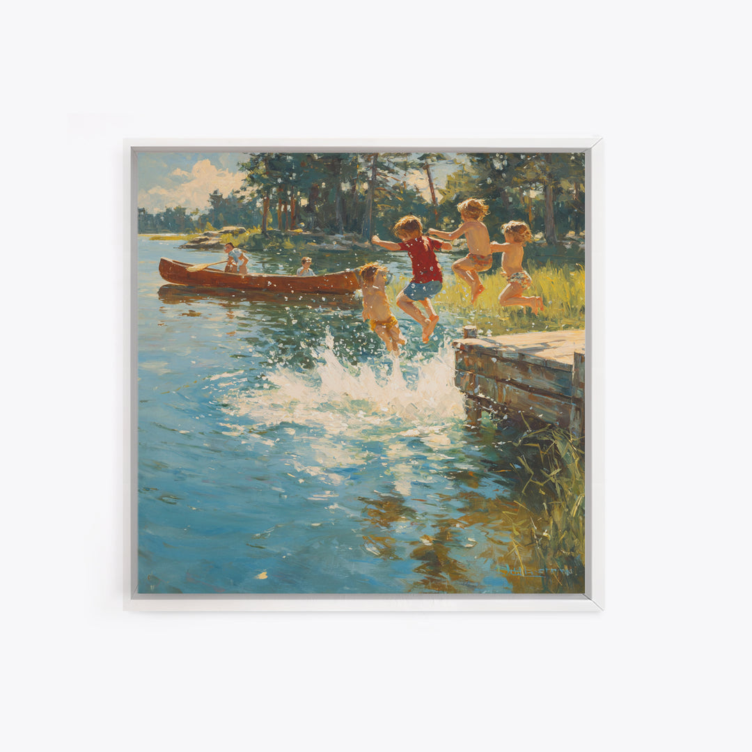 Children Jumping Into Sunny Lake Canvas Print, Summer Cabin Wall Art, Rustic Lake House Decor, Kids Room Art, Family Gift