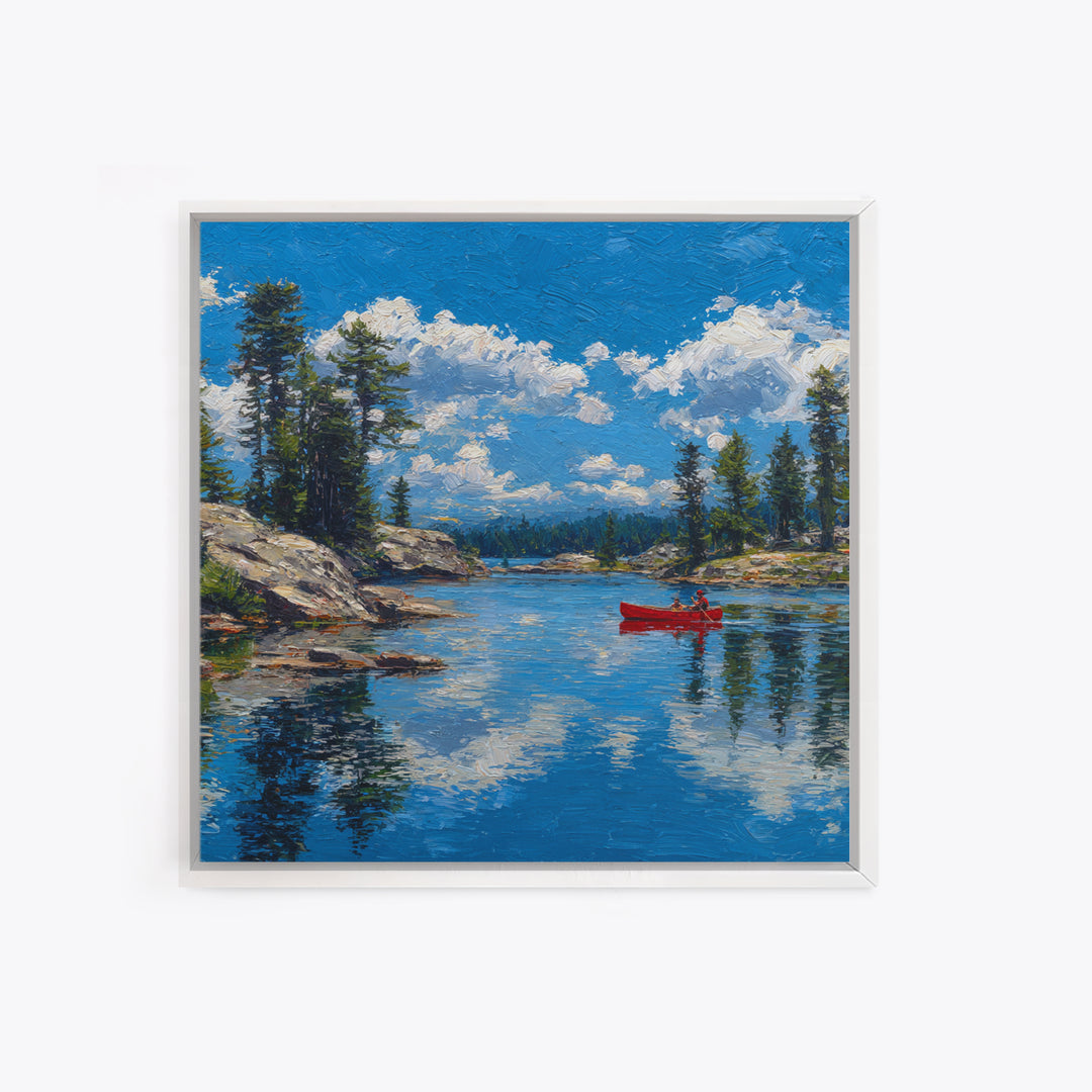 Red Canoe On Alpine Lake Wall Art, Mountain Landscape Painting, Rustic Cabin Decor, Pine Forest Nature Lover Framed Canvas Print