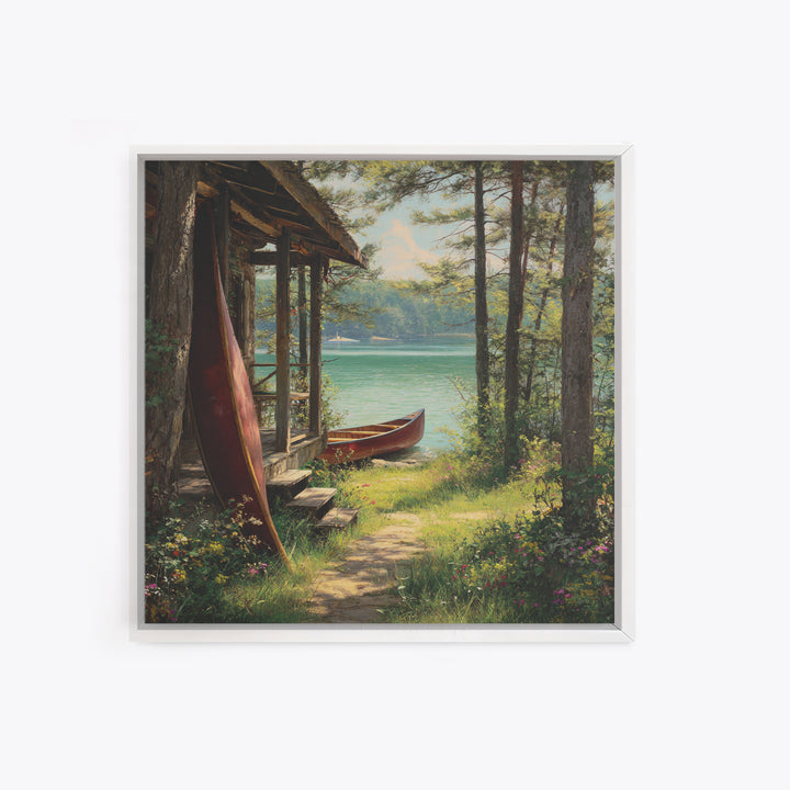 Lakeside Cabin With Red Canoes Framed Canvas Print, Rustic Lake House Wall Art, Cozy Nature Decor, Peaceful Getaway Gift