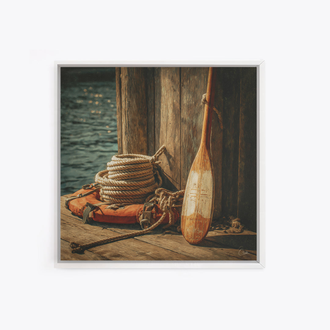 Weathered Oar And Coiled Rope Canvas Print, Nautical Wall Art, Rustic Coastal Decor, Seaside Lake House Gift For Boat Lovers