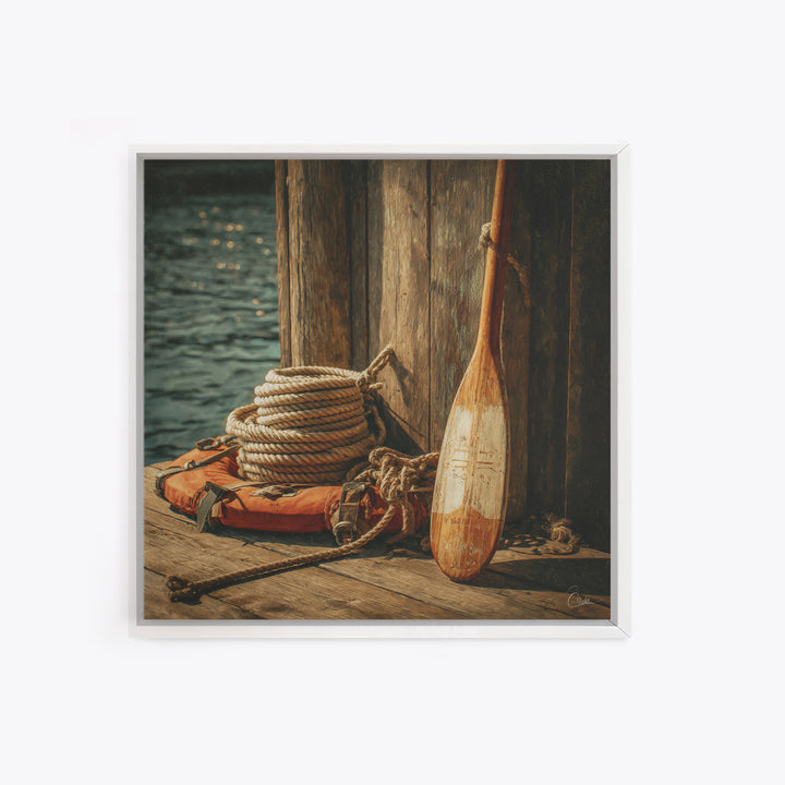 Weathered Oar And Coiled Rope Canvas Print, Nautical Wall Art, Rustic Coastal Decor, Seaside Lake House Gift For Boat Lovers