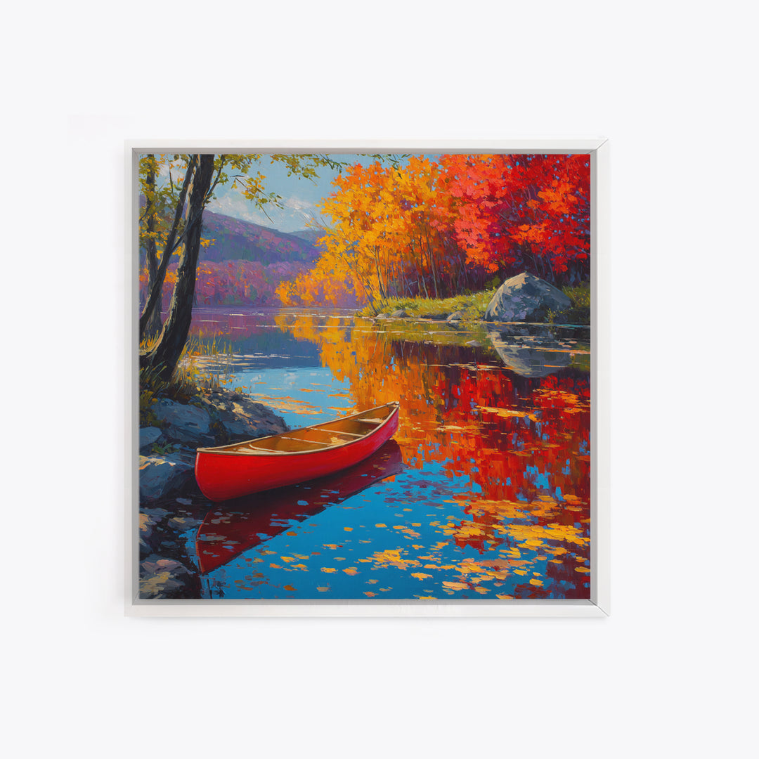 Red Canoe On Autumn Lake Wall Art, Colorful Fall Landscape Painting, Cabin Decor, Nature Wall Art, Housewarming Gift, Large Canvas Print