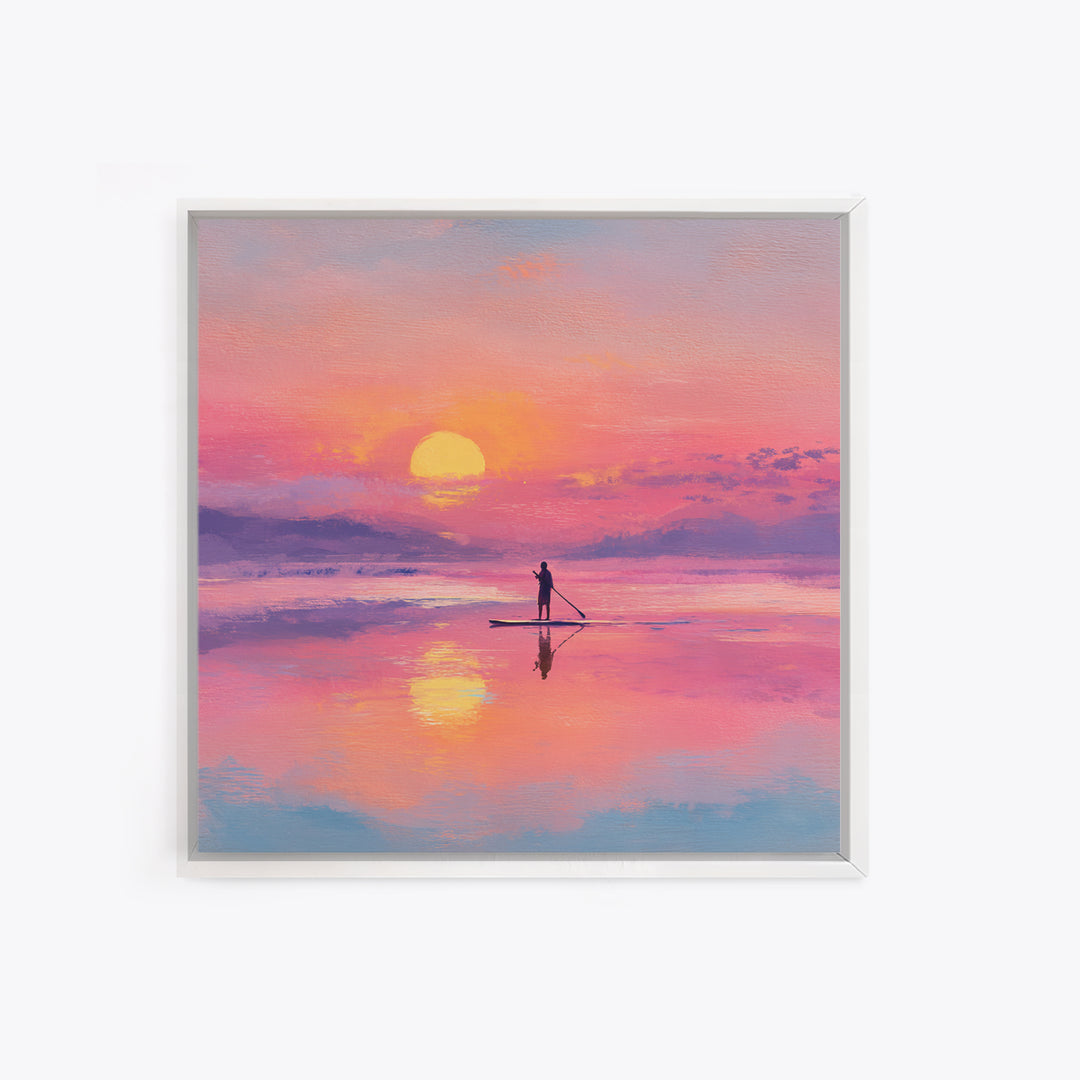 Pink Sunset Paddleboard Wall Art, Pastel Ocean Seascape, Coastal Decor, Beach House Art Print, Romantic Gift For Her, Bedroom Decor