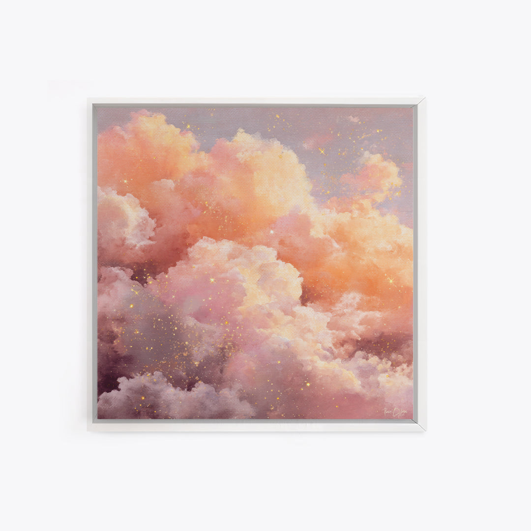 Blush Pink Celestial Clouds With Golden Stars Wall Art, Dreamy Sky Canvas, Pastel Bedroom Decor, Nursery Gift, Ethereal Home Decor