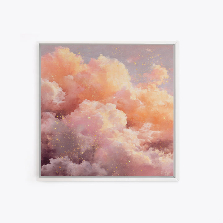 Blush Pink Celestial Clouds With Golden Stars Wall Art, Dreamy Sky Canvas, Pastel Bedroom Decor, Nursery Gift, Ethereal Home Decor