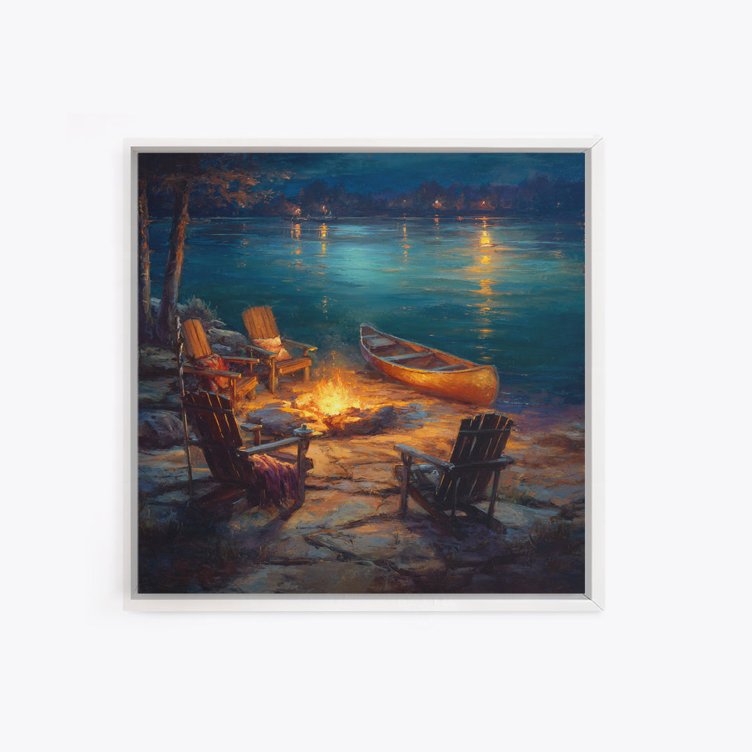 Lakeside Campfire Adirondack Chairs Wall Art, Canoe Night Lake Canvas Print, Cabin Decor, Rustic Housewarming Gift For Lake House