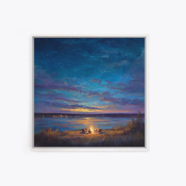 Starry Lakeside Campfire Canvas Print, Moody Night Sky Landscape Art, Cabin Wall Decor, Cozy Living Room Art, Housewarming Gift