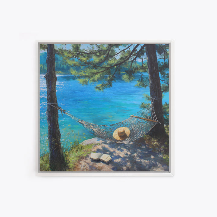 Pine Lake Hammock Reading Nook Wall Art, Coastal Lake House Decor, Peaceful Nature Canvas Print, Relaxing Bedroom Art Gift