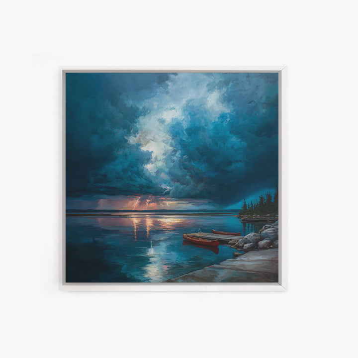 Moody Storm Over Lake With Canoes Canvas Print, Blue Seascape Wall Art, Dramatic Lightning Landscape, Cabin Decor, Nature Gift