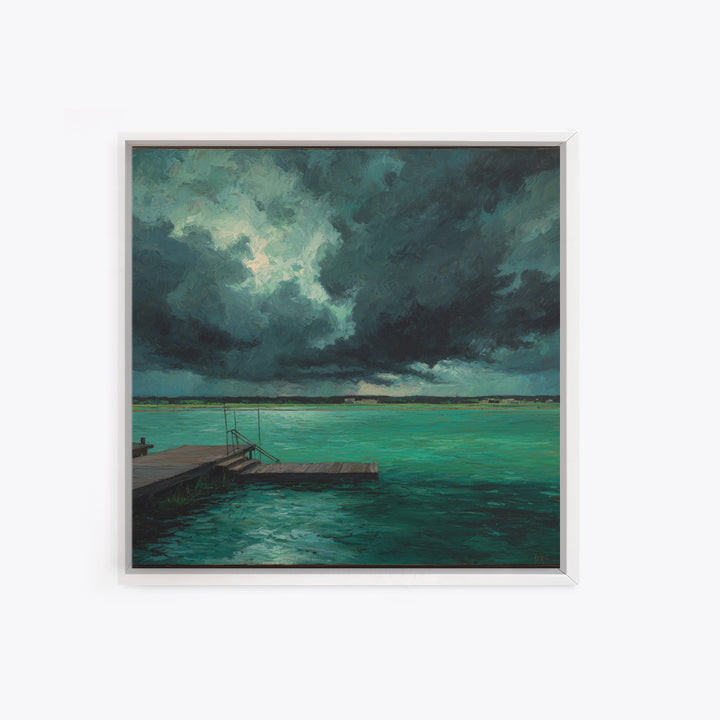 Stormy Turquoise Lake Dock And Dark Clouds Canvas Print, Moody Landscape Art, Coastal Wall Decor, Office Wall Art Gift For Him