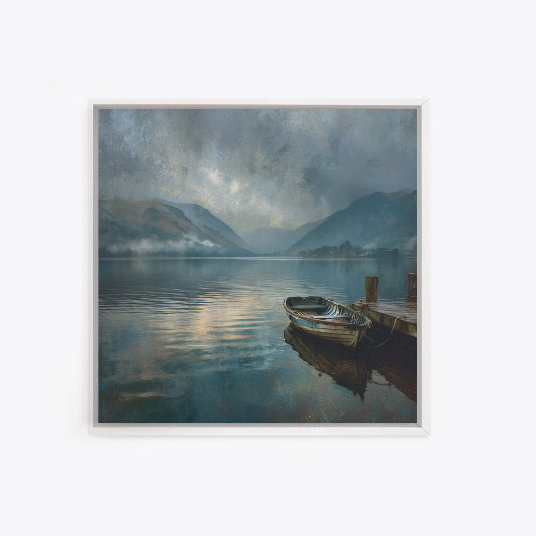Moody Mountain Lake With Old Boat Wall Art, Misty Landscape Framed Canvas Print, Rustic Cabin Living Room Decor Housewarming Gift