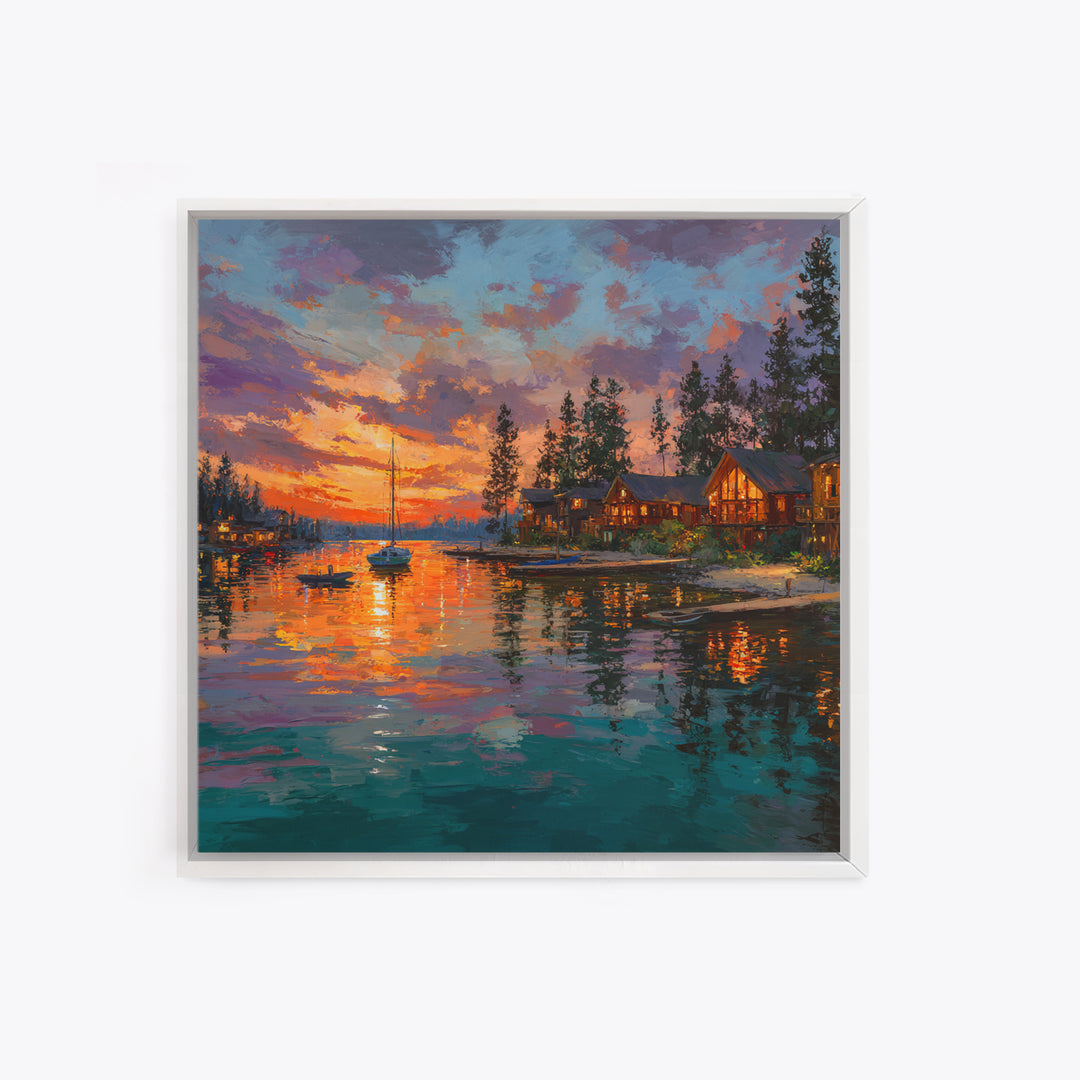 Glowing Lakeside Cabins At Sunset Wall Art, Coastal Landscape Canvas Print, Lake House Decor, Rustic Cabin Living Room Art