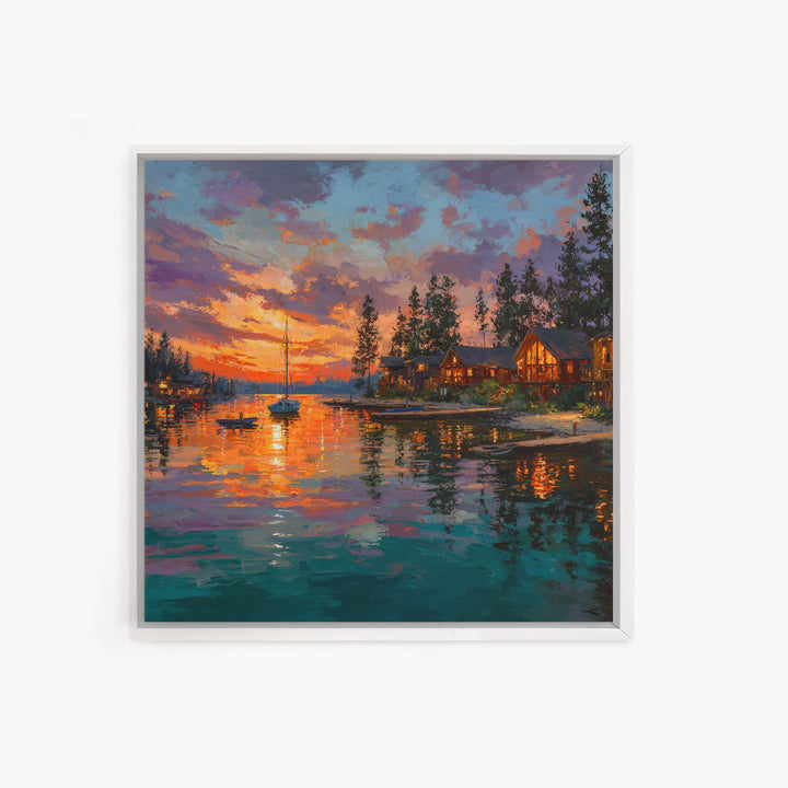 Glowing Lakeside Cabins At Sunset Wall Art, Coastal Landscape Canvas Print, Lake House Decor, Rustic Cabin Living Room Art