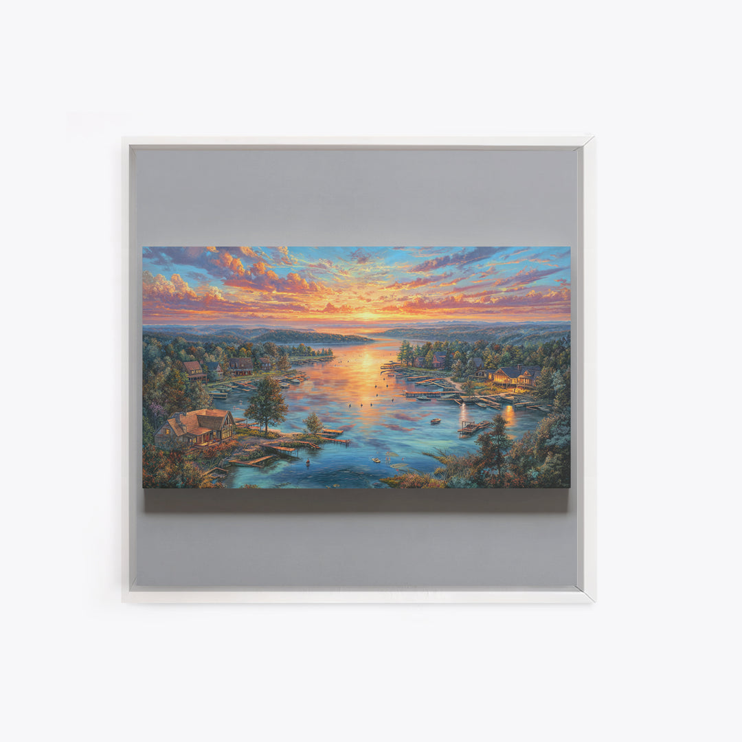Sunset Lake Village Framed Canvas Print, Panoramic Landscape Wall Art, Coastal Cabin Decor, Large Living Room Art, Housewarming Gift
