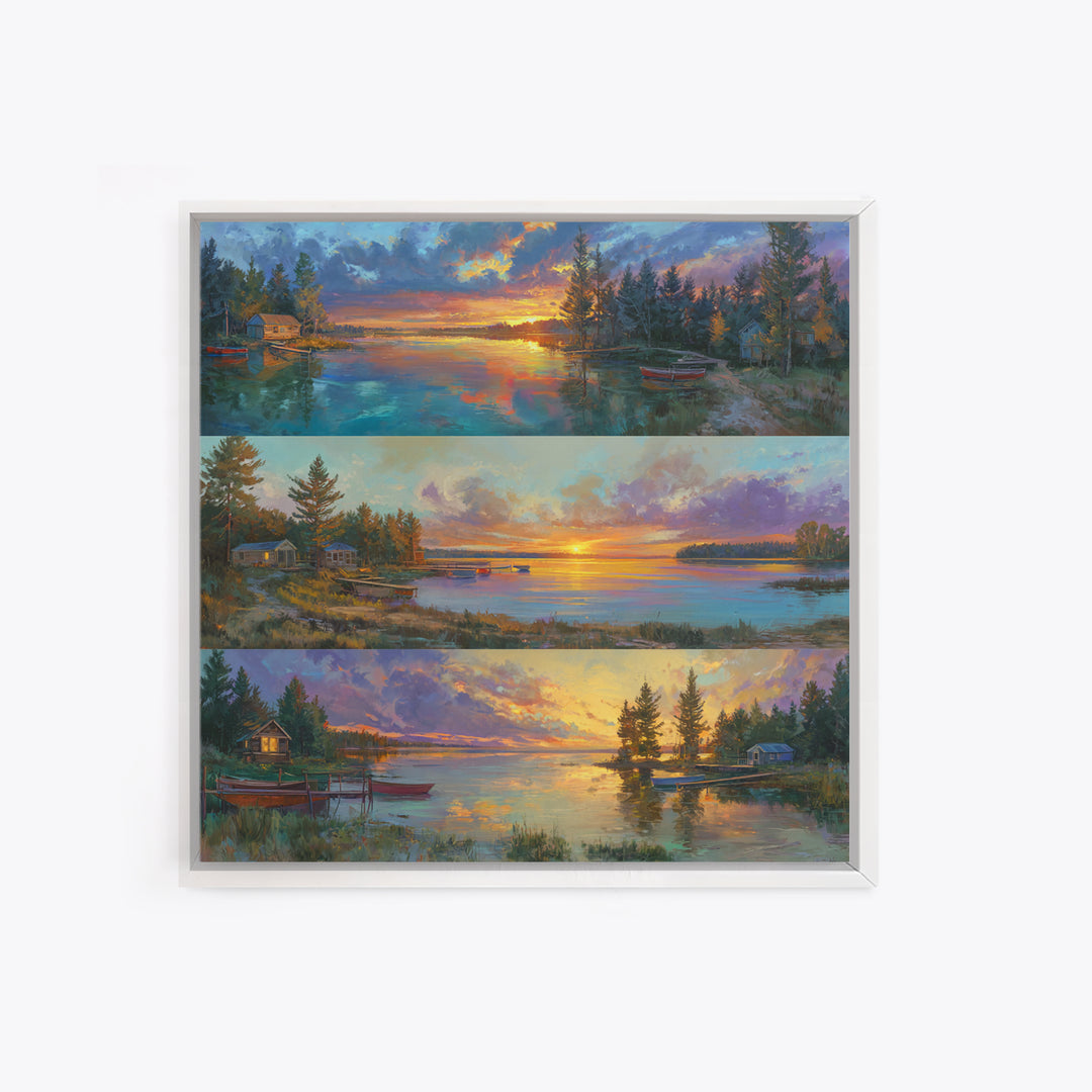 Three Serene Lake Sunset Panels Canvas Print, Panoramic Landscape Wall Art, Cabin Decor, Coastal Living Room Prints, Lake House Art