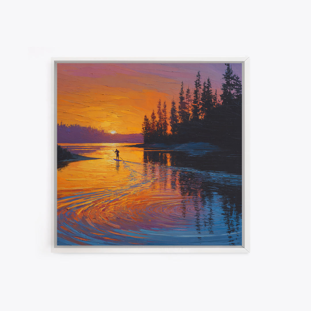 Sunset Paddleboard Pine Lake Wall Art, Orange Blue Seascape Canvas Print, Nature Decor, Living Room Decor, Gift For Him Or Her