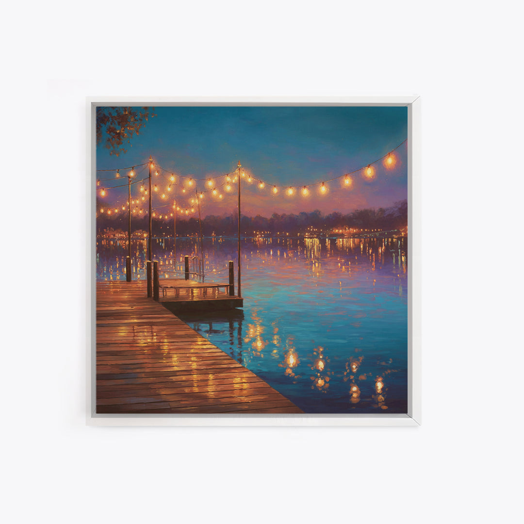 Twilight Lake Dock Lights Wall Art, Romantic Waterfront Canvas Print, Cozy Living Room Decor, Lake House Decor Gift For Her