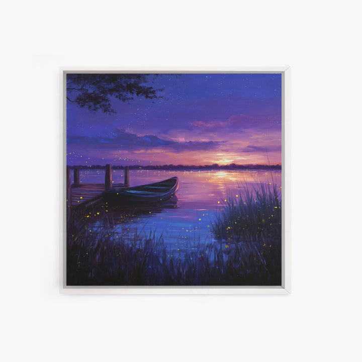 Twilight Lake With Boat And Fireflies Painting Wall Art, Dreamy Night Landscape Print, Romantic Nature Bedroom Decor