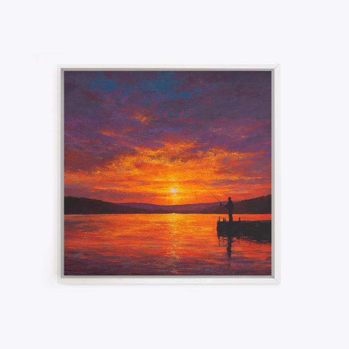 Fisherman At Fiery Sunset Wall Art, Serene Lake Landscape Canvas Print, Rustic Cabin Decor, Peaceful Nature Living Room Wall Art