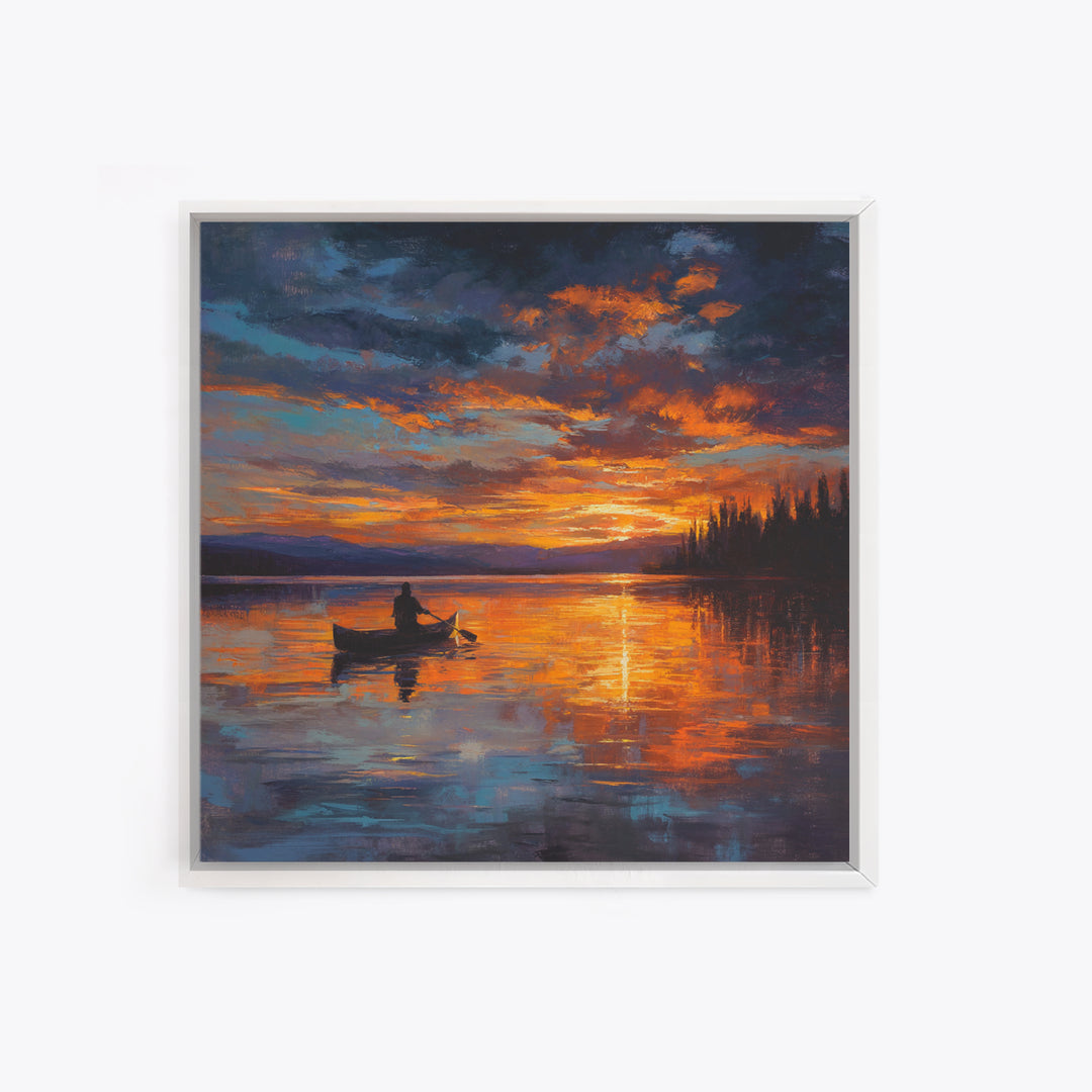 Canoe On Fiery Lake Sunset Framed Canvas Print, Impressionist Landscape Wall Art For Cozy Living Room Or Cabin Home Decor