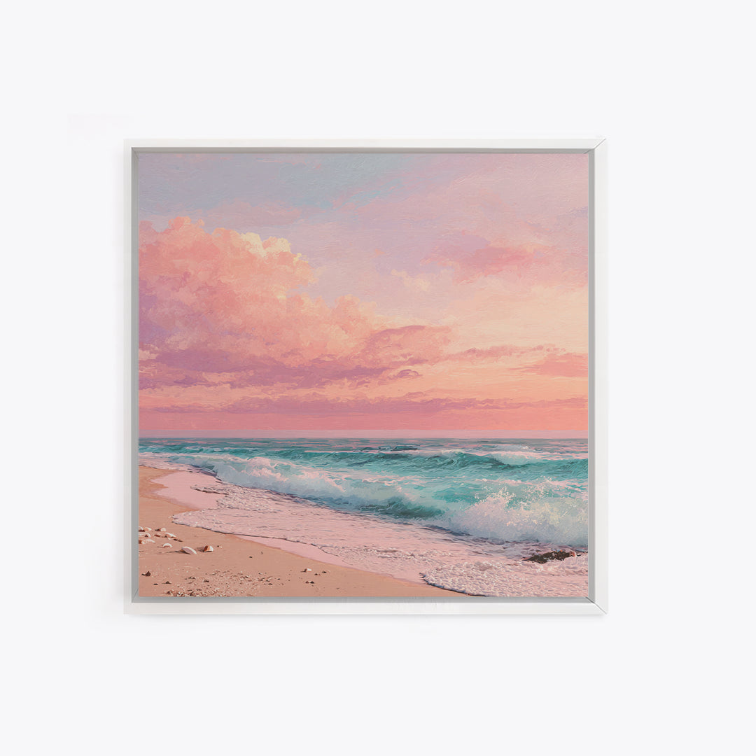 Pink Ocean Waves At Sunset Canvas Print, Pastel Coastal Wall Art, Beach House Decor, Large Living Room Wall Decor, Serene Seascape