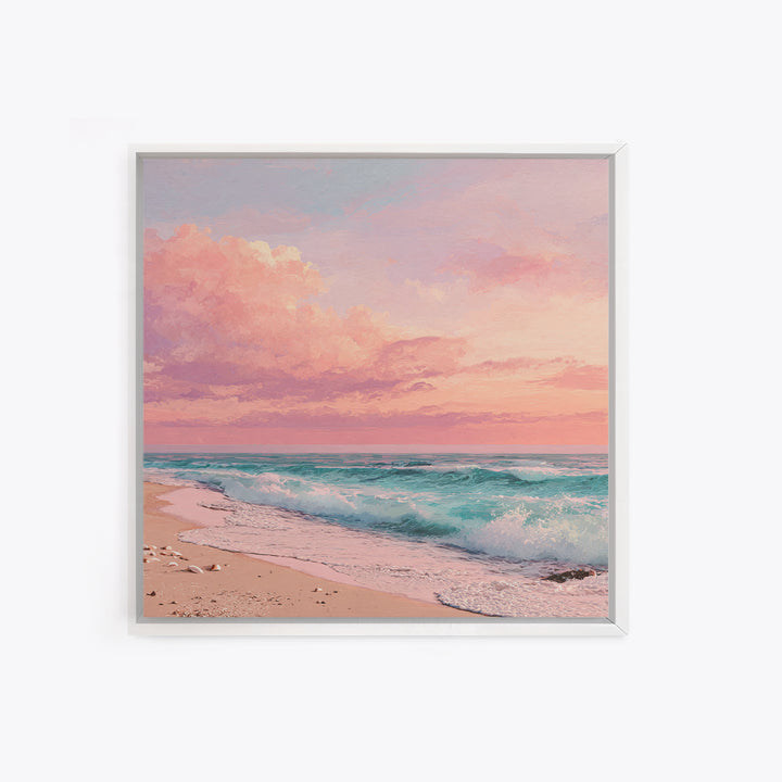 Pink Ocean Waves At Sunset Canvas Print, Pastel Coastal Wall Art, Beach House Decor, Large Living Room Wall Decor, Serene Seascape