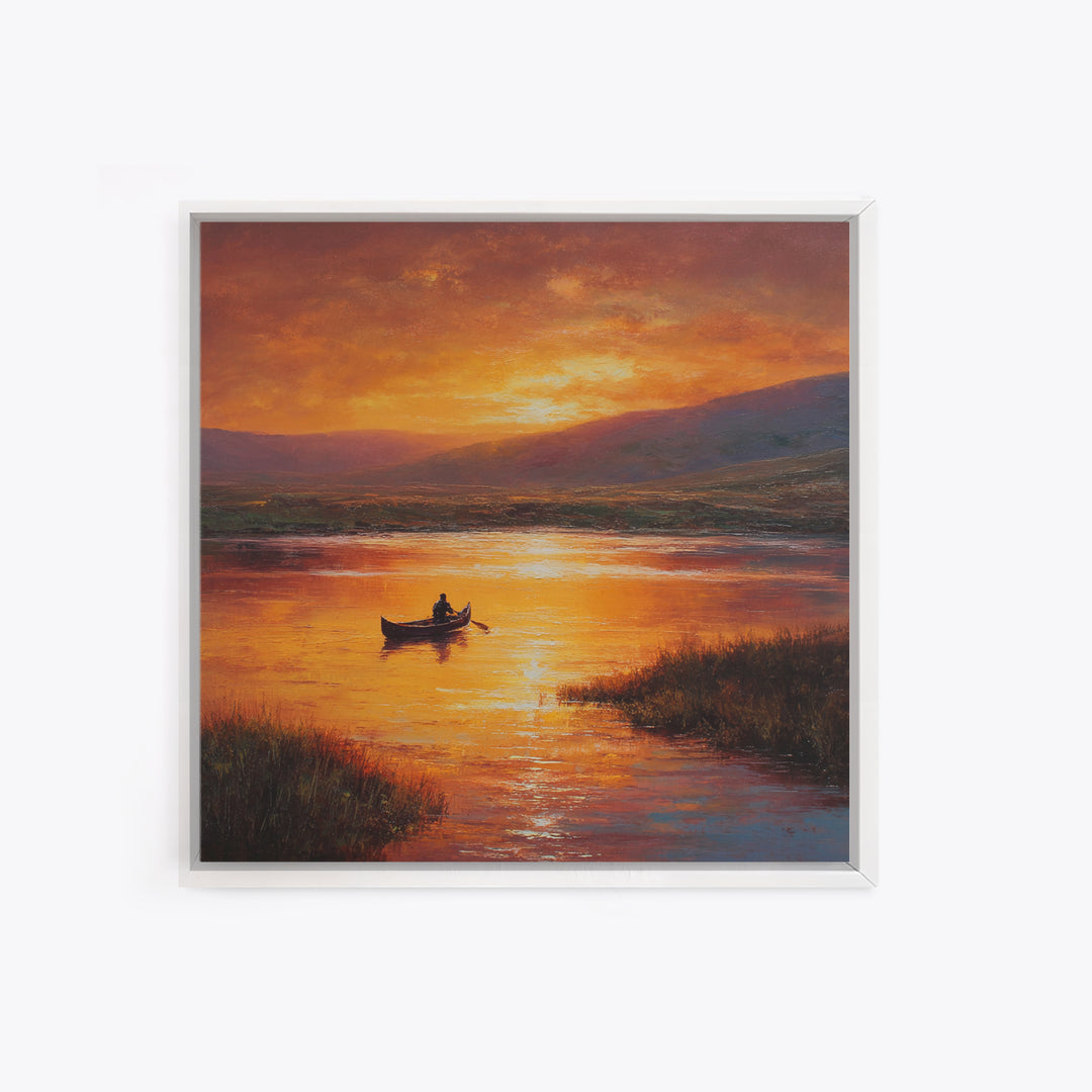 Golden Canoe At Sunset Lake Landscape Wall Art Canvas Print For Living Room Decor, Calming Nature Painting Home Decor
