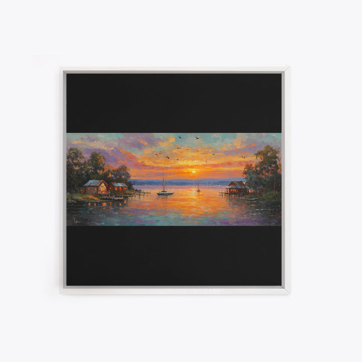 Sunset Lake Houses Palette Knife Painting Panoramic Wall Art Large Horizontal Canvas Print Coastal Wall Decor