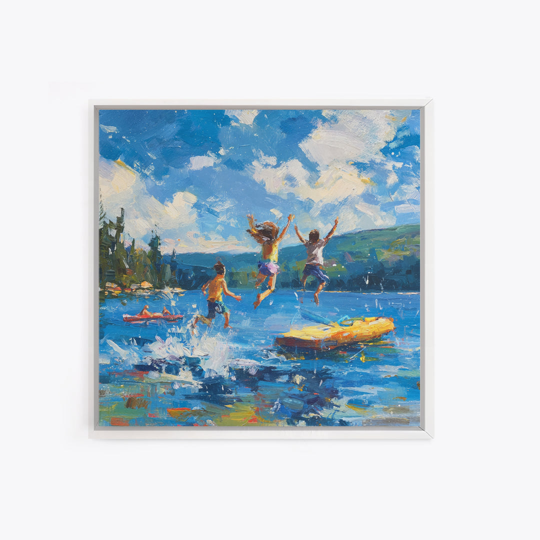 Kids Jumping Off Dock Lake Day Wall Art, Colorful Impressionist Summer Canvas Print, Playful Lake House Painting For Family Room Or Nursery