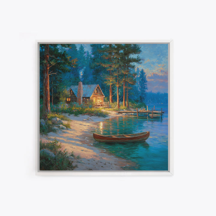 Cozy Lakeside Cabin At Dusk Landscape Wall Art Print, Rustic Lake House Home Decor, Nature Painting Living Room Wall Art