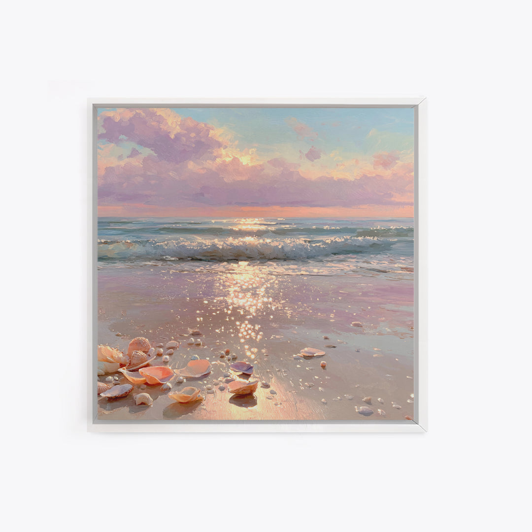 Sparkling Seashell Beach Sunrise Framed Canvas Print, Coastal Wall Art, Ocean Waves, Nautical Living Room Decor, Beach House Gift