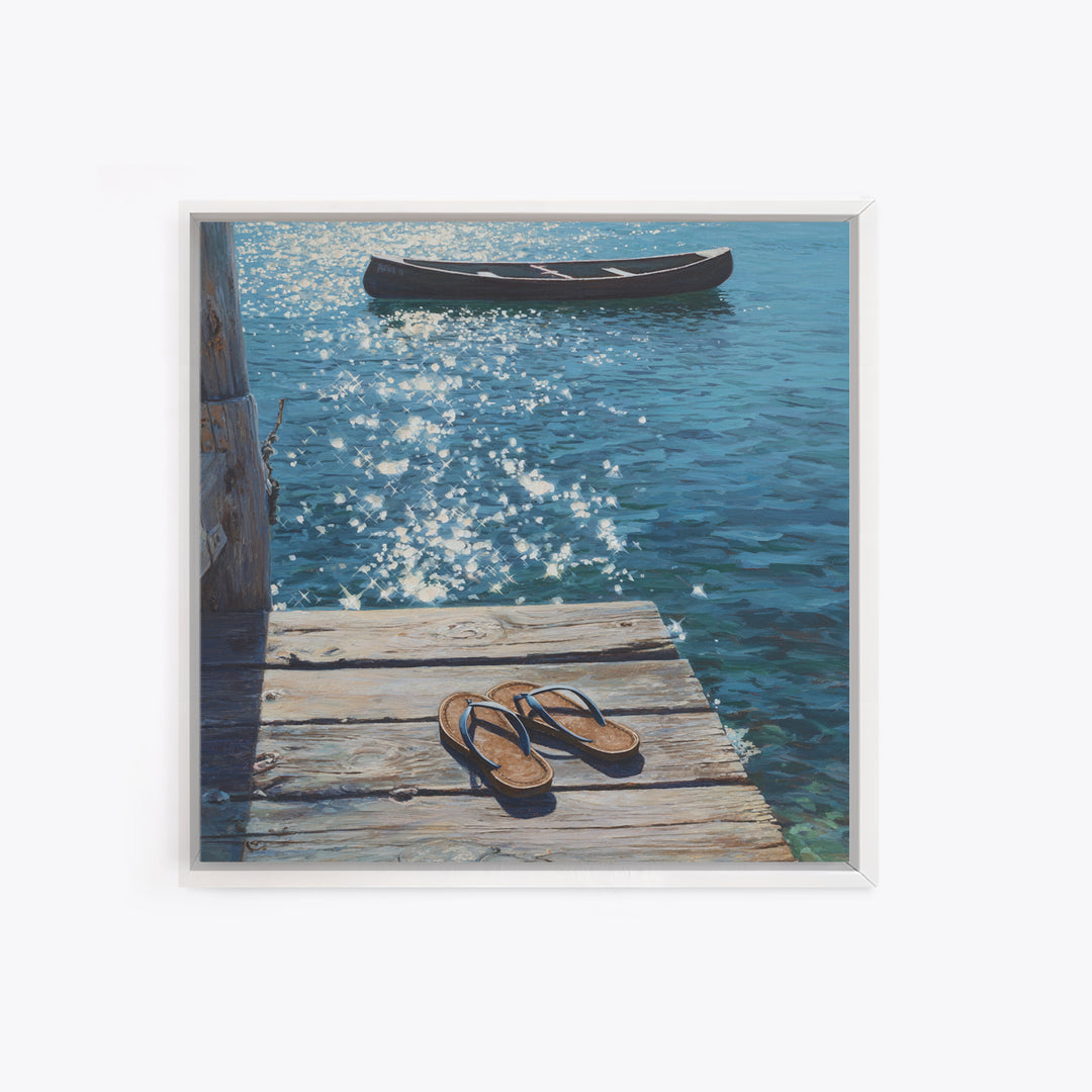 Sparkling Lake Dock With Boat Realism Wall Art, Coastal Summer Canvas Print, Beach House Decor Relaxing Ocean Lake Scene