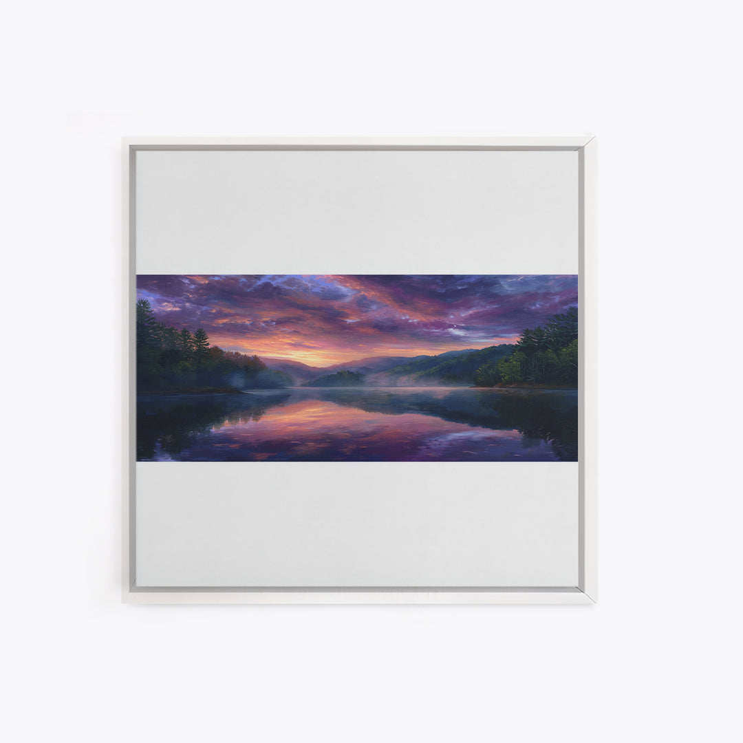 Panoramic Lake Sunset Landscape Wall Art, Reflective Sky Canvas Print, Calming Extra Wide Over Sofa Decor