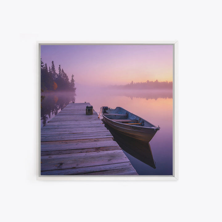 Serene Misty Lake Dock Wall Art, Calming Boat Landscape Canvas Print, Minimalist Nature Photography, Lake House Decor