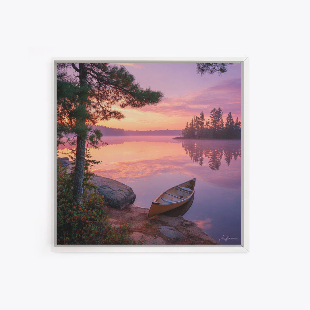 Canoe At Sunrise Lake Wall Art, Tranquil Morning Landscape Canvas Print, Nature Photography For Cabin Or Living Room Decor