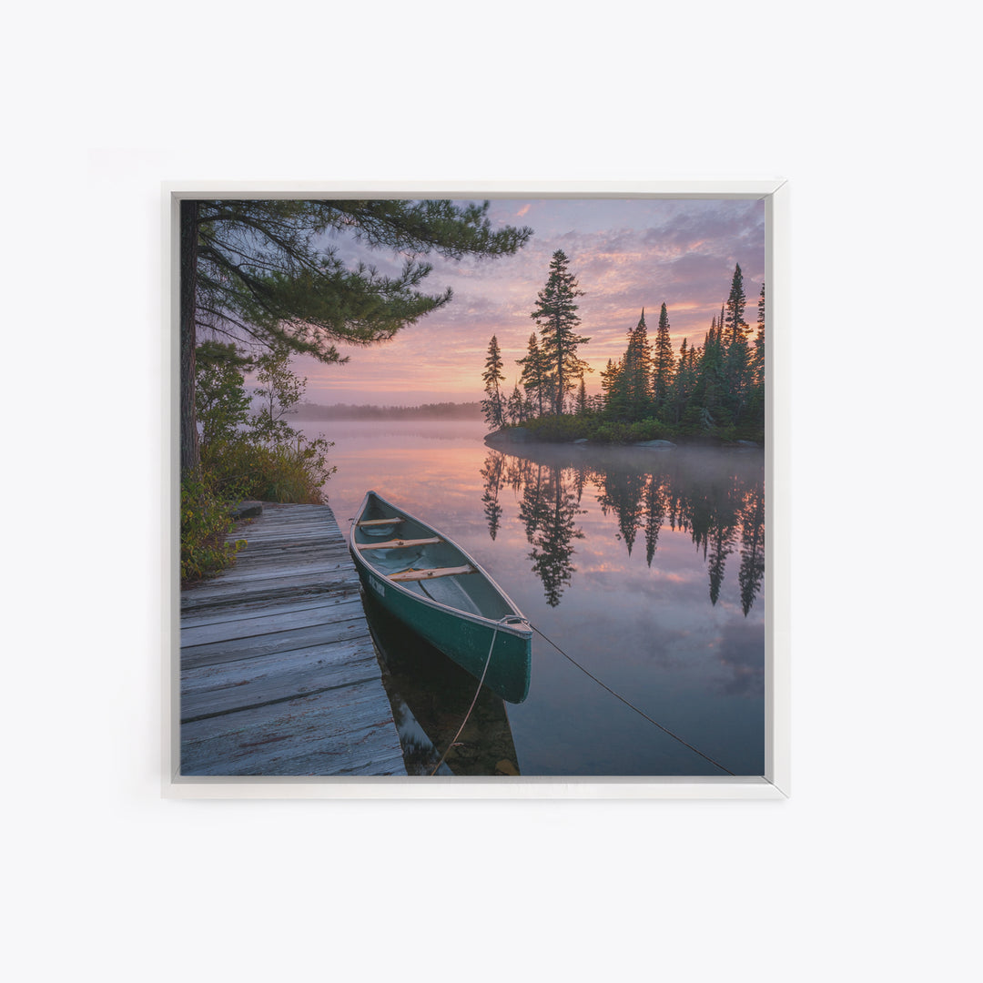 Tranquil Canoe At Sunrise Lake Landscape Wall Art Print, Serene Nature Photography, Cabin Rustic Home Decor Wall Art