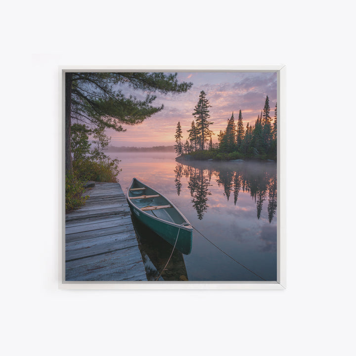 Tranquil Canoe At Sunrise Lake Landscape Wall Art Print, Serene Nature Photography, Cabin Rustic Home Decor Wall Art