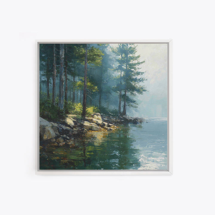 Misty Forest Lake Landscape Wall Art, Tranquil Nature Painting, Cabin Retreat Decor, Large Coastal Forest Canvas Print