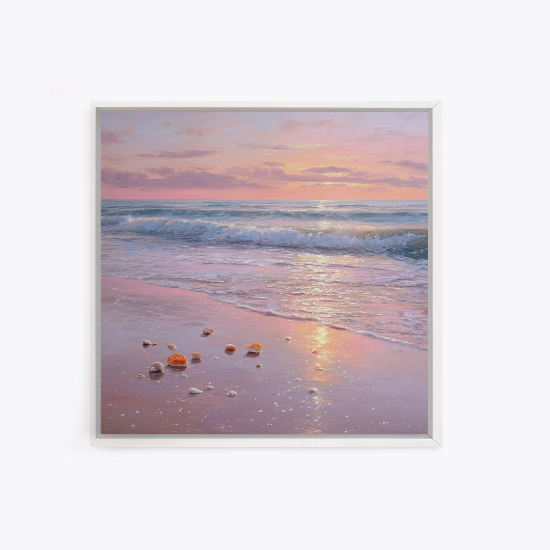 Pastel Sunset Ocean Shore With Seashells Canvas Print, Pink Coastal Wall Art, Beach House Decor, Calming Seascape, Living Room Wall Decor