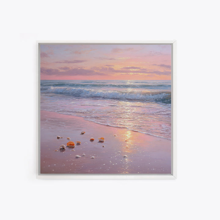 Pastel Sunset Ocean Shore With Seashells Canvas Print, Pink Coastal Wall Art, Beach House Decor, Calming Seascape, Living Room Wall Decor
